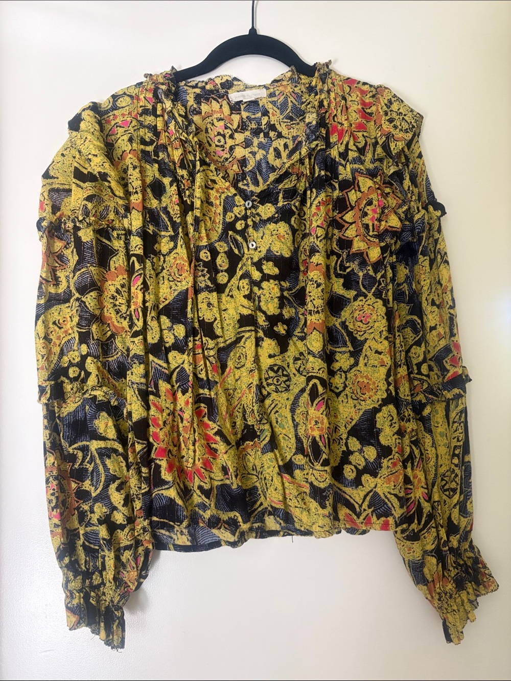 Jennifer & Grace Women's Yellow Floral Peasant Blouse - Boho Long Sleeve Top
